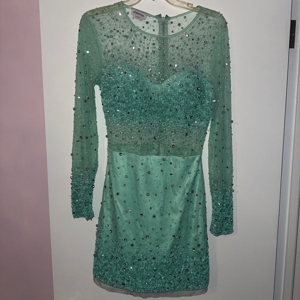 Bebe aqua beaded and rhinestone dress great condition!